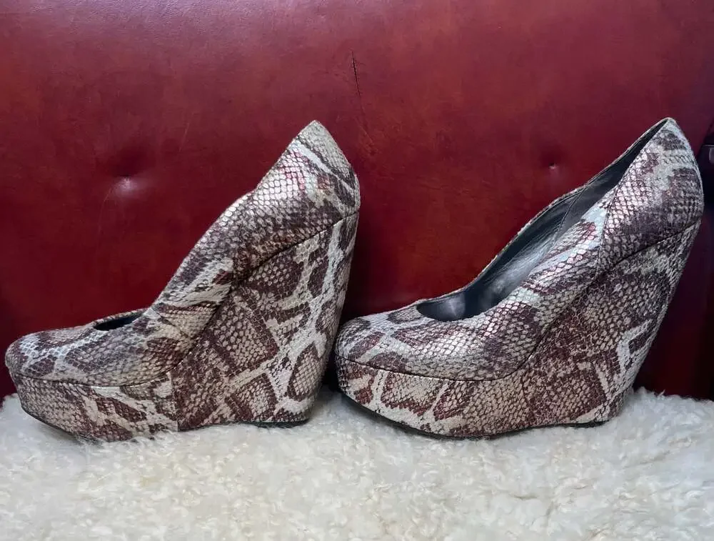 Fate Metallic Snake Print Platform Wedge Pumps – Y2K Statement Heels